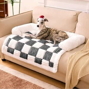 FUNNY FUZZY Pet Couch Covers for Sofa, Cream Square Plaid Cozy Sofa Pad, Black